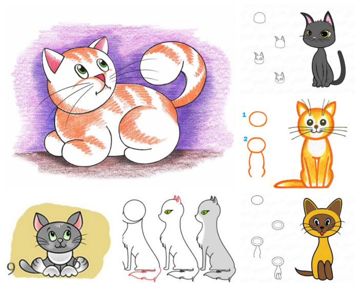Как нарисовать кошку поэтапно карандашом и красками